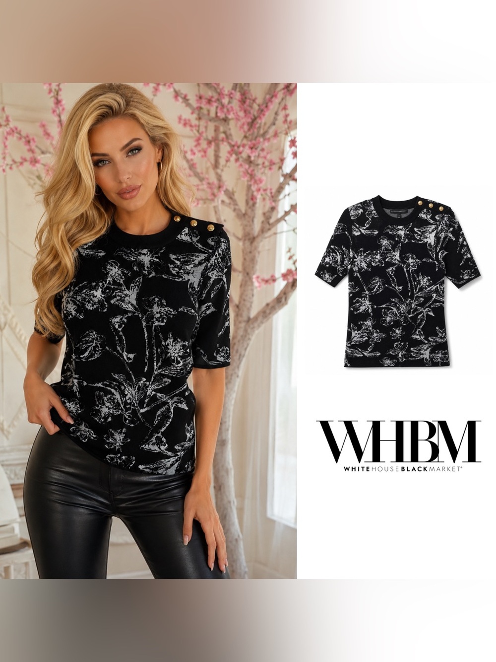 White House Black Market Black & White Floral Button-Shoulder Top